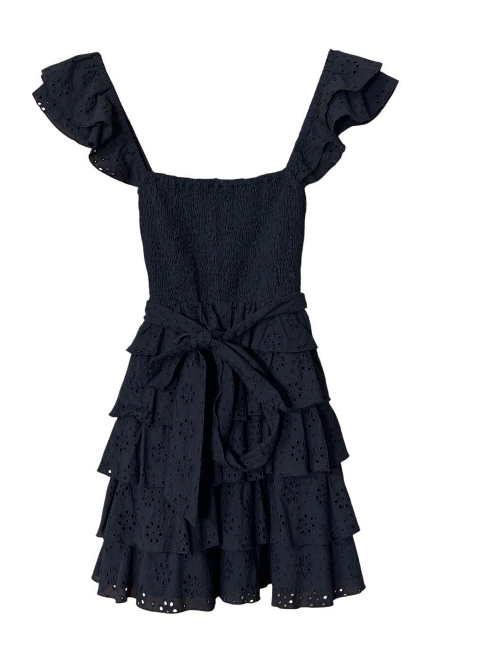 Tularosa Carlotta Mini Dress smocked eyelet ruffled black size small